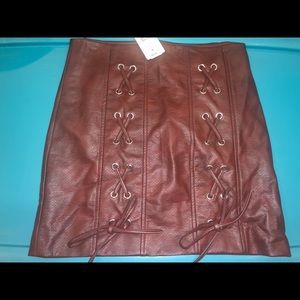Shinestar Burgundy Tie Faux Leather Mini Skirt